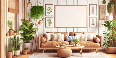 à moda escandinavo vivo quarto com Projeto hortelã sofá, móveis, zombar acima poster mapa, plantas e elegante pessoal acessórios. moderno casa decoração. brilhante e ensolarado sala. generativo ai ilustração. foto