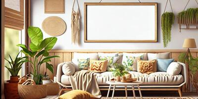 à moda escandinavo vivo quarto com Projeto hortelã sofá, móveis, zombar acima poster mapa, plantas e elegante pessoal acessórios. moderno casa decoração. brilhante e ensolarado sala. generativo ai ilustração. foto