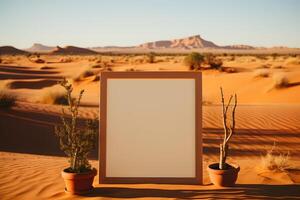 ai gerado esvaziar de madeira foto quadro, Armação dentro a deserto. em branco cenário quadro, Armação brincar. generativo ai