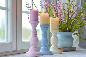 ai gerado vela titulares com pastel velas e Primavera decoração. generativo ai foto