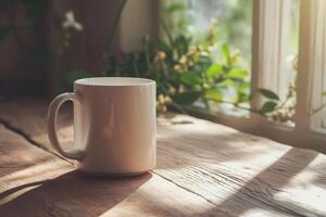 ai gerado em branco branco caneca brincar com flores em ensolarado luz fundo. generativo ai foto