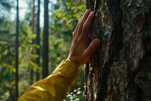 ai gerado mão tocante grande árvore tronco dentro a floresta. generativo ai foto