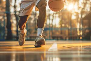 ai gerado basquetebol jogador babar a bola em basquetebol tribunal. generativo ai foto