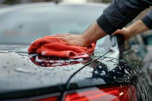 ai gerado homem lavando uma ensaboado carro com uma microfibra pano. limpeza a carro. generativo ai foto