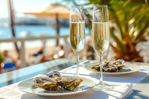 ai gerado óculos do champanhe e ostras em uma mesa com uma Visão para a à beira-mar. generativo ai foto