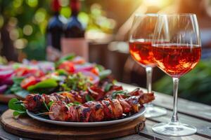 ai gerado grelhado churrasco carne, saladas e vinho. ao ar livre casa Festa. generativo ai foto