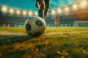 ai gerado futebol jogador chutando a bola para a objetivo dentro a estádio. generativo ai foto