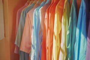 ai gerado aberto armário de roupa com desorganizado aleatória colorida suspensão roupas. generativo ai foto