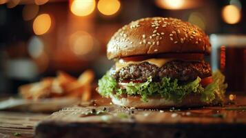 ai gerado uma fechar-se sinfonia do uma torrado sésamo semente Hamburguer de queijo em uma rústico mesa, banhado dentro caloroso Holofote foto