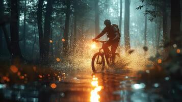 ai gerado bicicleta piloto dentro uma capacete dentro a floresta. generativo ai foto