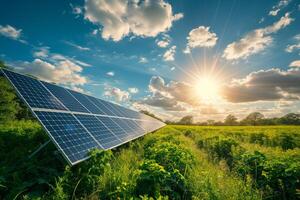 ai gerado a configuração Sol elencos uma caloroso brilho sobre uma solar painel matriz no meio uma campo do flores silvestres, simbolizando a harmonia entre tecnologia e natureza dentro a perseguição do sustentável energia. foto