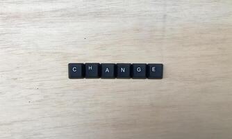 a palavra mudança escrito com Preto computador teclado chaves em de madeira fundo. foto