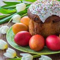 Páscoa ovo Panettone pão bolo fundo feliz Páscoa Primavera feriado tulipa foto