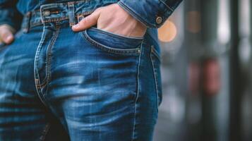 ai gerado masculino jeans. fechar-se do uma do homem mão dentro uma jeans bolso. foto