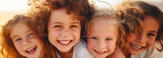 ai gerado retrato do alegre crianças com brilhante sorrisos e encaracolado cabelo, brilhando dentro caloroso luz solar, brincalhão infância momentos foto