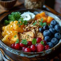 ai gerado saudável e delicioso fruta tigela para café da manhã foto