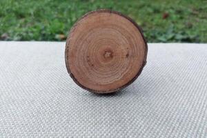 de madeira Cruz seção do uma árvore tronco em uma fundo do verde Relva foto