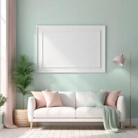 ai gerado brincar avião branco quadro, Armação dentro interior fundo, quarto com luz pastel cores, 3d Renderização foto