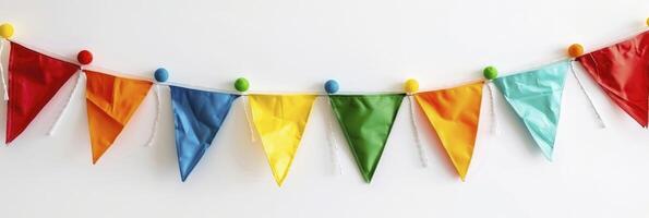 ai gerado vibrante celebração, colorida festa festão com festivo bandeiras dentro brilhante vermelho, verde, amarelo, e azul. triangular e isolado em branco, perfeito para parede decoração às festa eventos foto