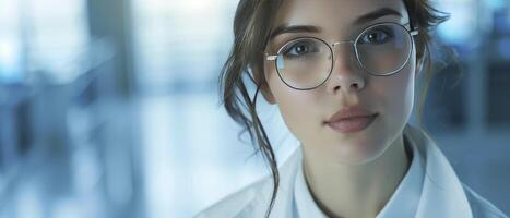 ai gerado Inovativa pesquisa jovem mulher cientista dentro branco casaco e óculos conduzindo uma equipe do especialistas dentro uma moderno médico Ciência laboratório, com borrado fundo foto