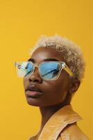 ai gerado fechar-se retrato do a africano americano mulher esportivo elegante oculos de sol contra uma avião amarelo fundo, irradiando confiança e estilo. foto