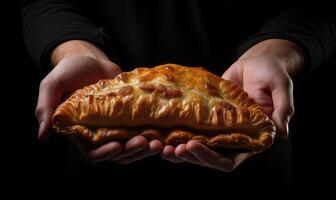 ai gerado uma homem segurando uma pastelaria dentro dele mãos foto