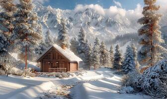 ai gerado uma cabine dentro a neve com árvores e montanhas foto