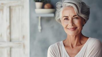 ai gerado uma mulher com cinzento cabelo sorridente foto