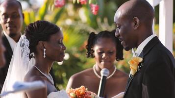 ai gerado africano americano noiva e noivo segurando Casamento ramalhete dentro parque. foto