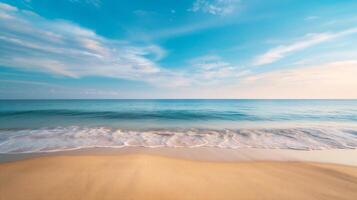 ai gerado de praia e tropical mar às pôr do sol Tempo - suave onda e areia foto
