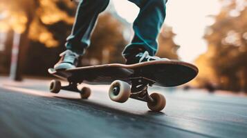 ai gerado skatista skate às Parque de skate pôr do sol paisagem urbana fundo foto