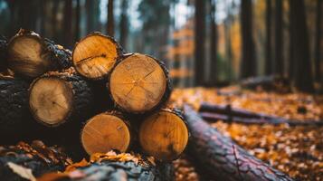 ai gerado pilha do serrado árvore roupa de baixo dentro floresta. natureza fundo foto