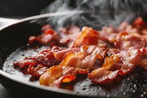 ai gerado fritar bacon dentro uma fritar frigideira. raso profundidade do campo. foto