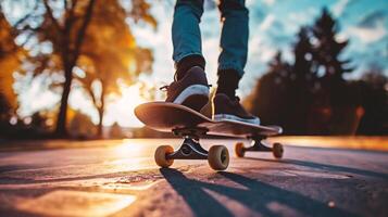 ai gerado skatista skate às Parque de skate pôr do sol paisagem urbana fundo foto