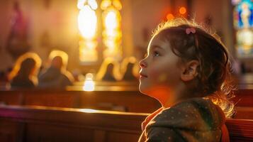 ai gerado retrato do fofa pequeno menina dentro igreja, raso profundidade do campo foto