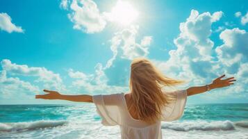 ai gerado feliz jovem mulher com braços estendido em a de praia. liberdade conceito foto