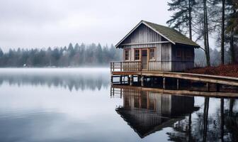 ai gerado uma sereno retiro casa em doca dentro meio do lago foto