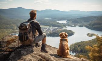 ai gerado uma homem desfrutando a sereno Visão com dele fiel canino companheiro foto