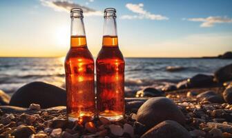 ai gerado dois refrescante garrafas do Cerveja desfrutando a sereno rochoso de praia foto