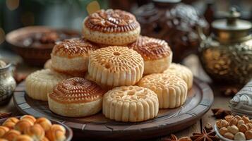 ai gerado vários semolina maamoul biscoitos, amei, e lokma com dallah e crescente lua decoração. tradicional árabe doces para eid al adha, eid al fitr, e Ramadã. foto