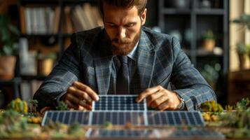 ai gerado homem de negocios explica solar painel modelo para colega dentro escritório e discute isto com ele foto