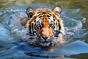 ai gerado fechar-se retrato do uma tigre caminhando graciosamente através rio, generativo ai foto