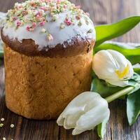 Páscoa ovo Panettone pão bolo fundo feliz Páscoa Primavera feriado tulipa foto