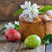 Páscoa ovo Panettone pão bolo fundo feliz Páscoa Primavera feriado tulipa foto