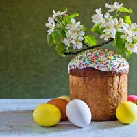 Páscoa ovo Panettone pão bolo fundo feliz Páscoa Primavera feriado tulipa foto