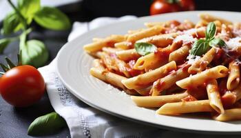 ai gerado Macarrão Penne massa dentro tomate molho foto