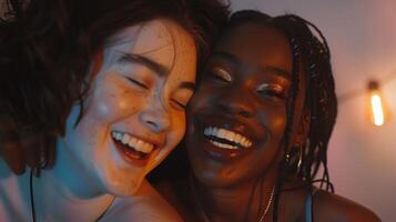 ai gerado interracial melhor amigos rindo junto. amigo, amizade, deib, diversidade, excitação, unidade foto