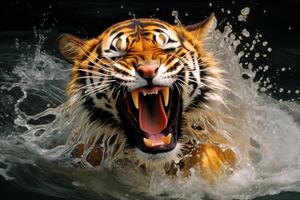 ai gerado fechar-se retrato do uma tigre rosnar ameaçadoramente, generativo ai foto