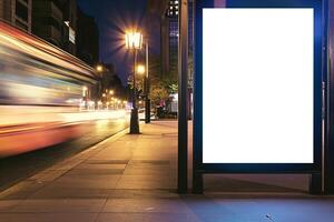 ai gerado iluminado em branco Painel publicitário com cópia de espaço para seu texto mensagem ou contente, público em formação borda dentro noite cidade com lindo crepúsculo em fundo, publicidade zombar acima bandeira foto