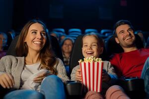 ai gerado alegre família assistindo uma filme dentro uma 3d cinema com Pipoca foto